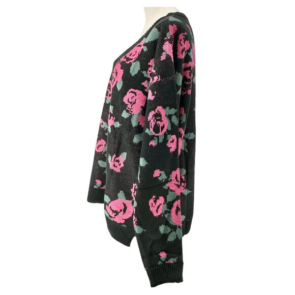 LuLaRoe Torrie Sweater Womens L Black Acrylic LS Pink Green Floral Print V-Neck - Picture 5 of 10